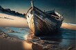 Old boat on the shore. Generative AI