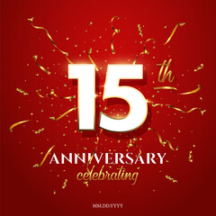 Canvas Print - Fifteen Anniversary Celebrating text with golden serpentine and confetti on red background. Vector 15 anniversary celebration event square template with white numbers with gold frame