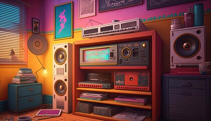 90s style detalied, retro design room background. AI.