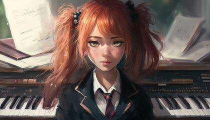 a sad looking red haired anime girl, school uniform, generative ai technology