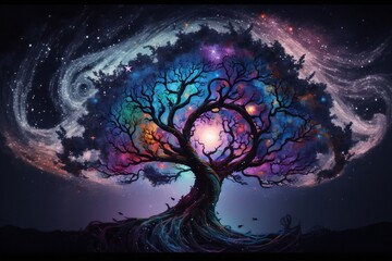 Wall Mural - galaxy swirling fantasy wonderland galactic tree in the sky. generative ai