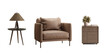 Modern brown armchair with table and lamp