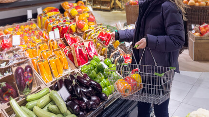 Wall Mural - Woman buying vegetables(pepper, chili pepper, eggplant, zucchini) at the market