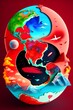 a whimsical and colorful planet earth 3d, with watercolors and red and black paint splashes that focuses on north america with a small heart over south eastern kentucky - generative ai