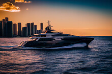 Yacht In Sea Against The Backdrop Of Skyscrapers Buildings In Miami. Yacht Motorboat In Sea On Sunset.  Yachting Sport In Florida. Super Yacht In Ocean, Ai Generated Illustration.