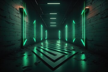 Wall Mural - trendy arrow green lighting Illustration of a neon laser light show in a dark room with a floor made of dirty concrete and a futuristic glow. Generative AI