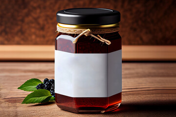 Glass jar of strawberry jam with blank label over dark background. AI Generated