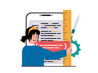 Programming software concept with character situation. Woman working with program code, testing and optimization, engineering process. Illustrations with people scene in flat design for web