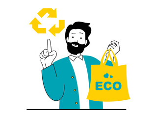 Fototapete - Save Earth concept with character situation. Man environmental activist uses textile eco shopping bag and calls for recycling and reusable. Illustrations with people scene in flat design for web
