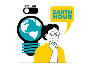Fototapete - Save Earth concept with character situation. Man joins to campaigning for climate change awareness and turn off electricity for time. Illustrations with people scene in flat design for web