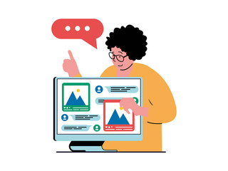 Social network concept with character situation. Woman chats online, sends and receives photos and pictures and using computer messenger. Illustrations with people scene in flat design for web