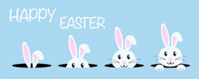 White Easter Rabbit On Blue Background. Happy Easter Bunny. Fun Rabbit Hiding In A Hole. Vector Illustration.
