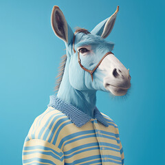 Wall Mural - Fashion donkey in shirt. Blue monochrome portrait. Generative AI