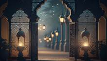Islamic Ramadan Greetings Background Design With Ornamental Door Galaxy Sky