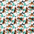 © Natalia - Bloodhound dog wallpaper with leaves, palms, flowers, plants. Pastel green, pink, navy. Holiday abstract natural shapes. Seamless floral background with dogs, repeatable pattern. Birthday wallpaper.