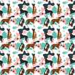 © Natalia - Boxer dog wallpaper with leaves, palms, flowers, plants. Pastel green, pink, navy. Holiday abstract natural shapes. Seamless floral background with dogs, repeatable pattern. Birthday wallpaper.