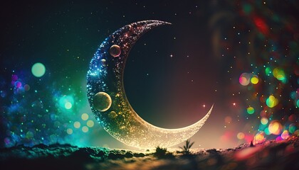 a crescent moon in the night sky with colorful lights twinkling in the background the moon is illumi