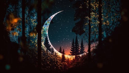 Wall Mural -  a painting of a crescent moon in a forest at night.  generative ai