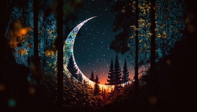 a painting of a crescent moon in a forest at night. generative ai