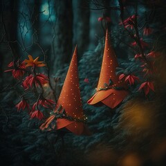 Poster -  a painting of two orange cones in the woods with red leaves.  generative ai