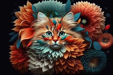  a cat with blue eyes surrounded by flowers and leaves on a black background.  generative ai