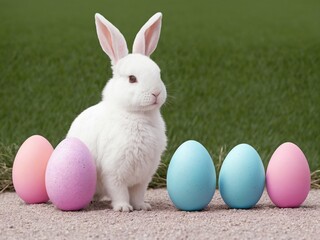 Adorable Easter Bunny Rabbit with Colorful Pastel Dyed Easter Eggs in a Pretty Elegant Outdoor Spring Scene Created with Generative AI and Other Techniques