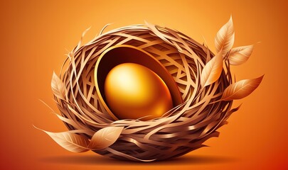  a golden egg in a nest with leaves on an orange background with a shadow of leaves on the bottom of the egg and a shadow of the nest.  generative ai