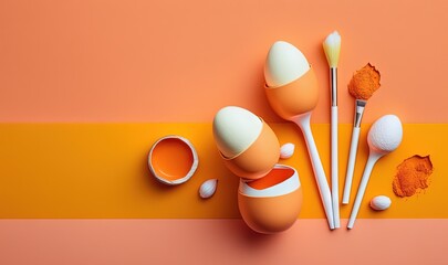  a group of paint brushes and eggs on a pink and orange background with a yellow strip in the middle of the image and a few eggs in the middle of the frame.  generative ai