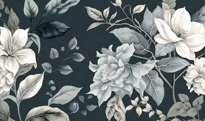  a black and white floral wallpaper with leaves and flowers on a dark background with white flowers and leaves on a dark background with white flowers.  generative ai