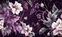  A Purple And White Floral Pattern On A Black Background With White Flowers And Leaves On A Black Background With A White And Purple Flower Pattern.  Generative Ai
