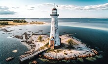  An Aerial View Of A Lighthouse In The Middle Of The Ocean With A Pier And A Dock In The Foreground And A Body Of Water In The Background.  Generative Ai