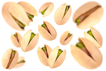 Wall Mural - Levitation of pistachios isolated on a transparent background.