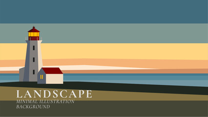 Wall Mural - lighthouse by the sea in the sunset minimal landscape vector illustration background