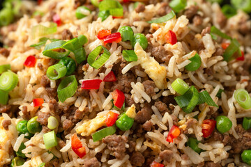 Poster - Asian Beef Fried Rice with eggs and vegetables in black bowl