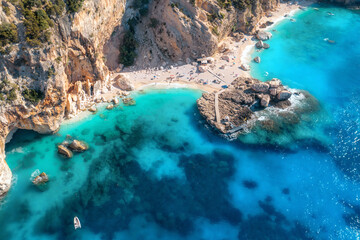 Wall Mural - Top view of seascape with beautiful coastline and small sandy beach and pier for ships. Sea coast with blue, turquoise clear water on a sunny day, aerial drone shot