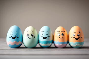 Pastel color eastern eggs with drawing faces in a row.Generative AI