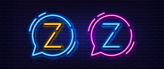 Sticker - Initial letter Z icon. Neon light line effect. Line typography character sign. Large first font letter. Glowing neon light speech bubble. Letter Z glow 3d line. Brick wall banner. Vector