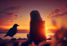 Woman Praying And Free Bird Enjoying Nature On Sunset Background, Hope Concept, AI Generated