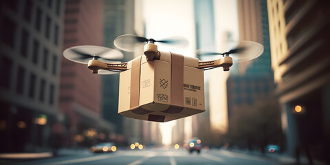 Drone with Box package, concept Fast Delivery air shipping background modern city. Generation AI