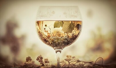 Sticker -  a glass of wine with a bunch of grapes inside of it on a table with a blurry background of leaves and branches in the foreground.  generative ai