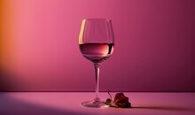  A Glass Of Wine And A Rose On A Purple Surface With A Pink Background And A Red Rose In The Foreground, With A Single Rose In The Foreground.  Generative Ai