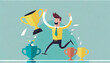 © Daniel - Joyful illustrated businessman and winner cup, Ai generative