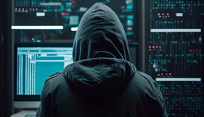 Hooded hacker sitting in front of a computer, AI generative