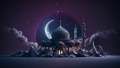 Dreamy mosque against magical galaxy background ramadan kareem design