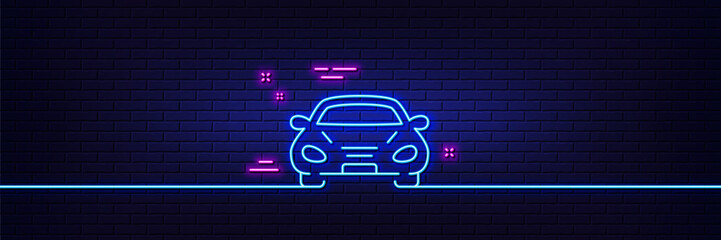 Wall Mural - Neon light glow effect. Car transport line icon. Transportation vehicle sign. Driving symbol. 3d line neon glow icon. Brick wall banner. Car outline. Vector