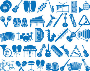 40 music instrument icon set, 40 musical icon set blue vector