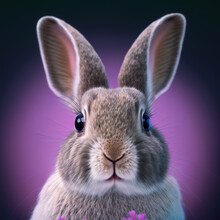 Front View Sedate Closeup Portrait Lovely Whisker Little Purple Easter Lilac Rabbit With Long Ears Looking At Camera In Studio Isolated Background For Copyspace.