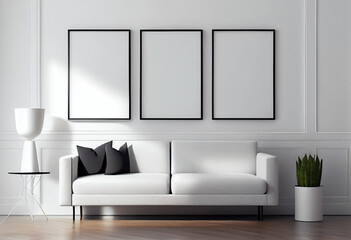 Three blank picture frame mockups on a wall. Square orientation. Artwork templates in interior design. AI Generated