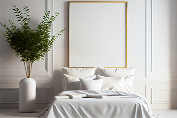 Wall Mural - Bed in the bedroom in a Scandinavian minimalist style and frame mockup. Light pillows on the bed. AI Generated