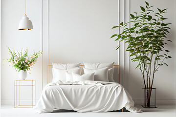 bed in the bedroom in a scandinavian minimalist style. light pillows on the bed. ai generated